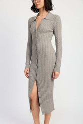 Grey Button Up Long Sleeve Cable Knit Midi Dress, Sweater Dresses, $ 65.00, A Moment Of Now™